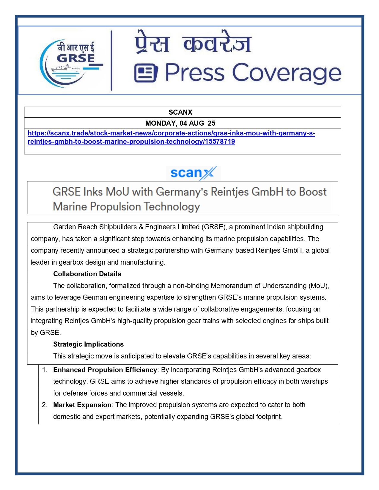 Press Coverage : 4 Aug 25:GRSE Signs MoU with Germany's Reintjes GmbH to Integrate High Quality Propulsion Gear Trains for Indian Navy Ships
